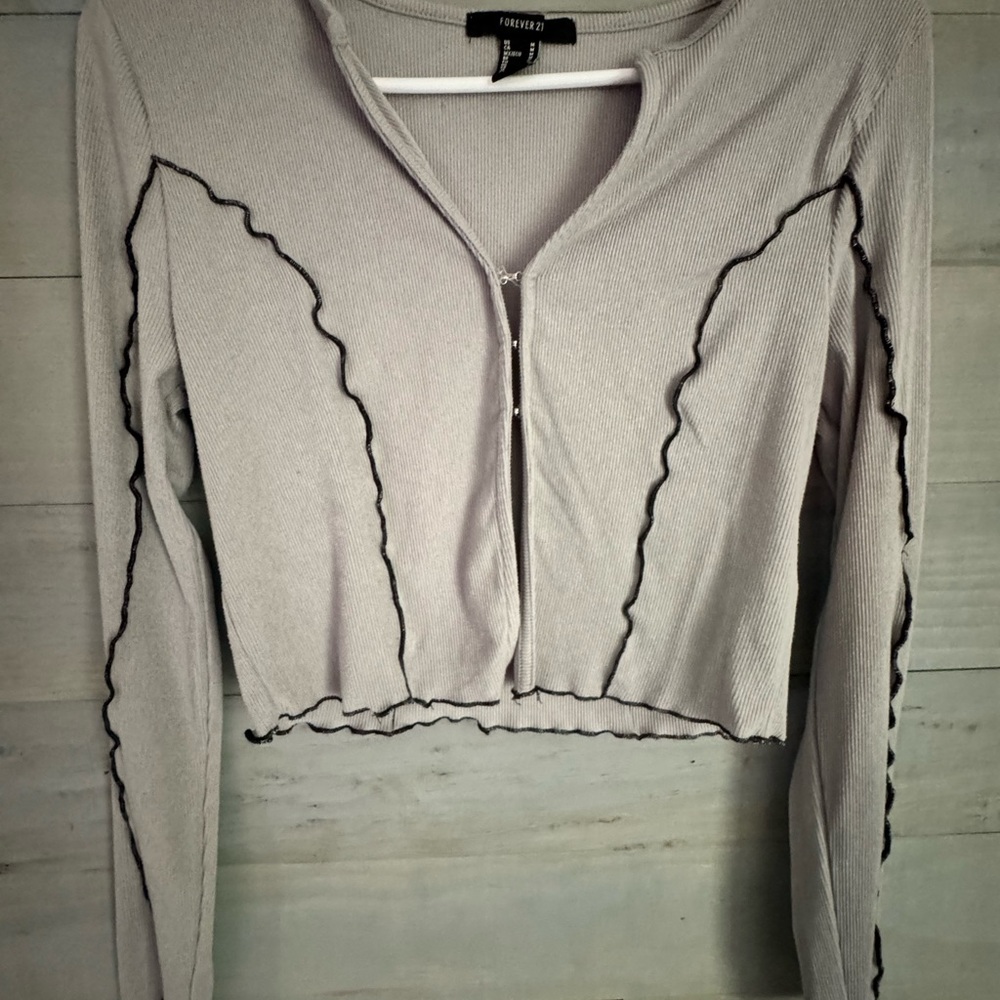 Forever 21 Cream Ribbed Crop Blouse and grey long sleeve